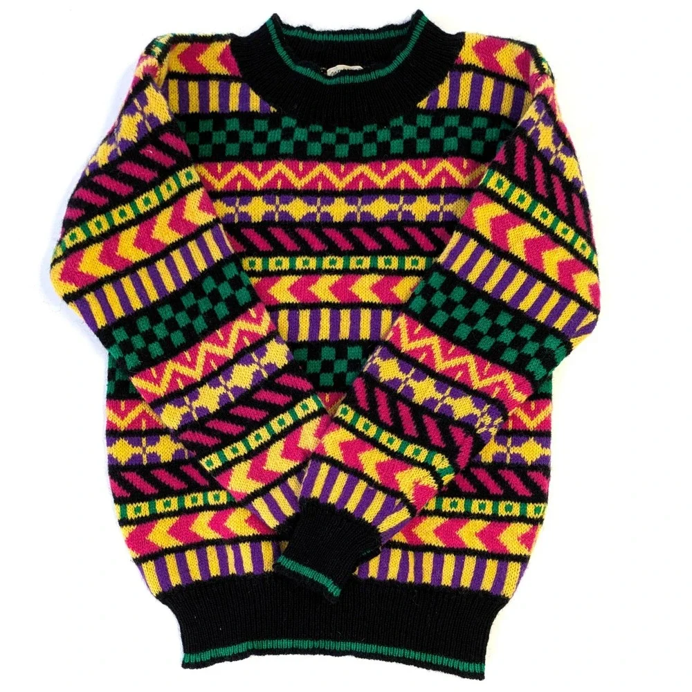 Vintage de rotchild Wool Sweater Geometric Multi-Color Crewneck Mens Small Macau